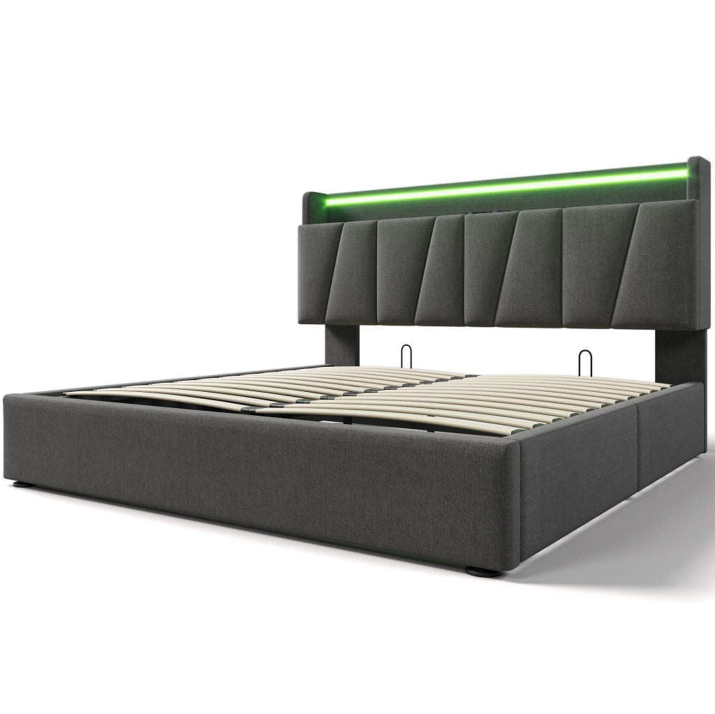 Letto imbottito ULEVR 140x200 cm con contenitore, LED RGBW, prese USB e Type-C, grigio