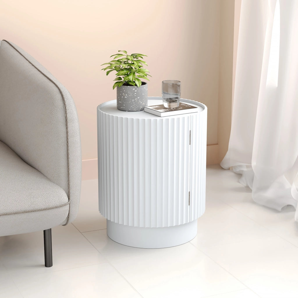 Tavolino Rotondo Rill con Anta e Scomparti Interni 49 x Ø40 cm - Bianco [en.casa]