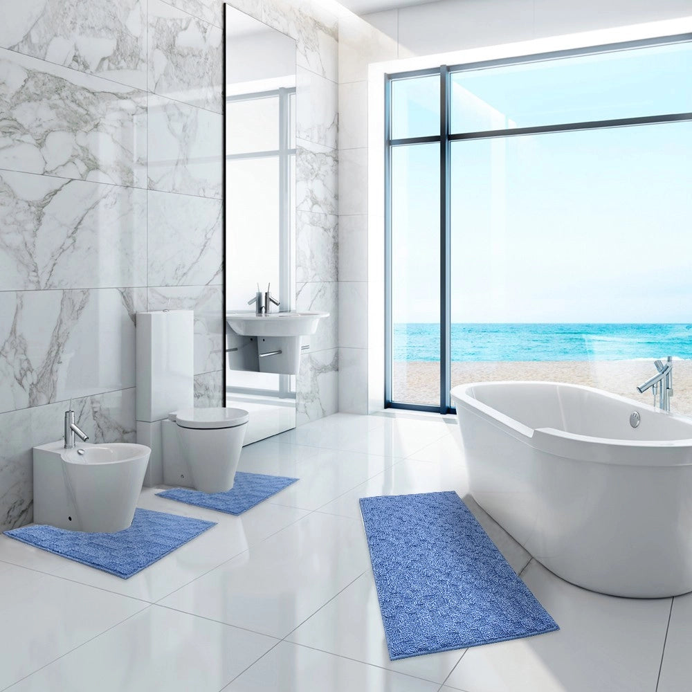 Tappeto Bagno 3D Morbido Assorbente Antiscivolo Lavabile Scendiletto Camera Set 3 Pezzi Azzurro