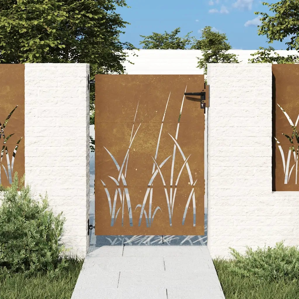 Cancello da giardino 85x150 cm in acciaio Corten con design erba 153223