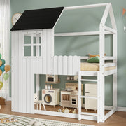 DESMIU Letto a soppalco bambino 90 × 200 cm 1 posto con scala, finestre, senza materasso, in legno, bianco e nero