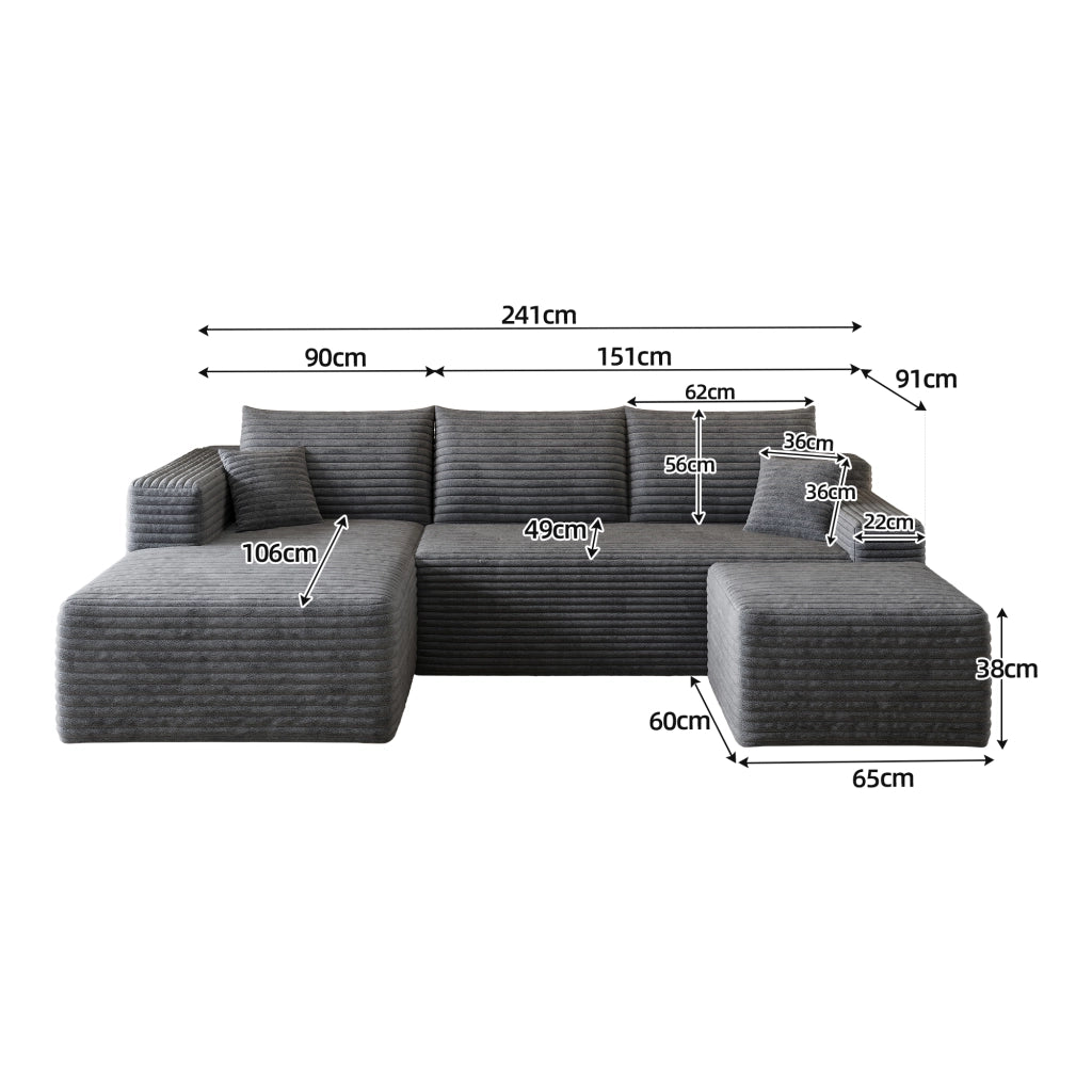 Divano angolare in tessuto con schiuma elastica e montaggio rapido in velluto a coste grigio scuro 241 × 151 × 58 cm