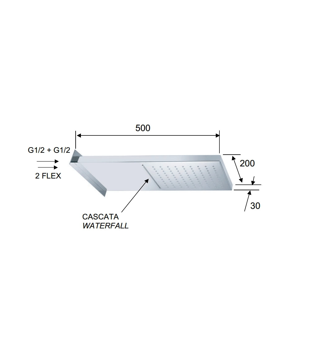 Soffione doccia a parete in acciaio inox lucidato a specchio 2 getti, normale o cascata.