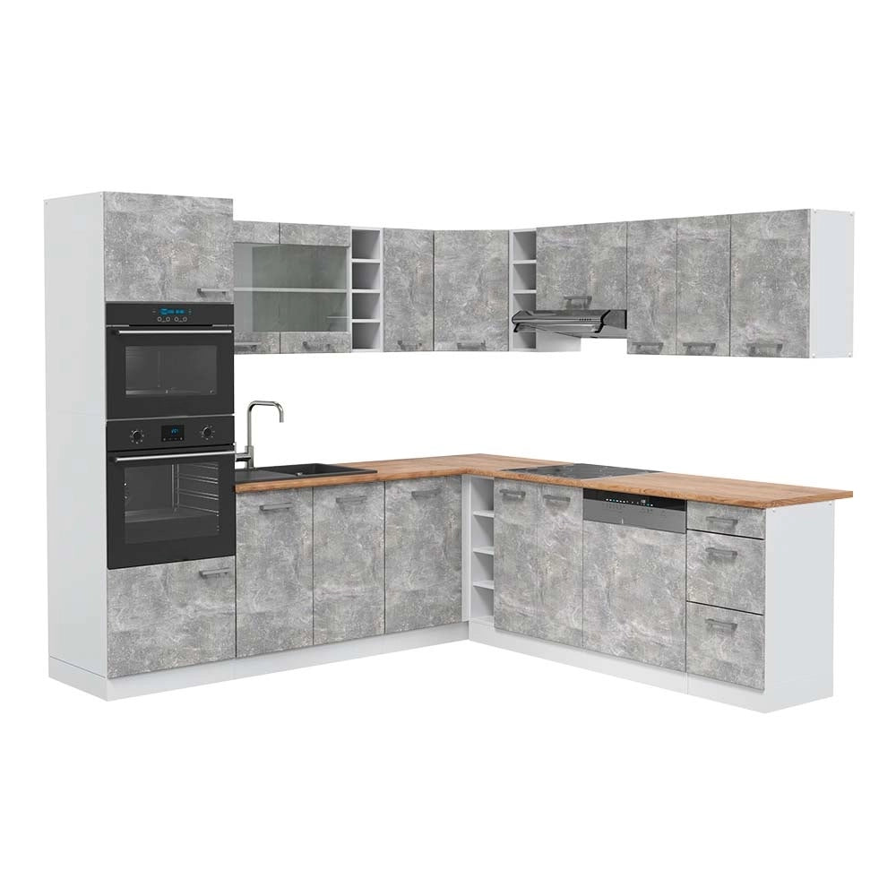Cucina angolare completa R-Line Calcestruzzo/Bianco 247 x 237 cm, PL Rovere Vicco