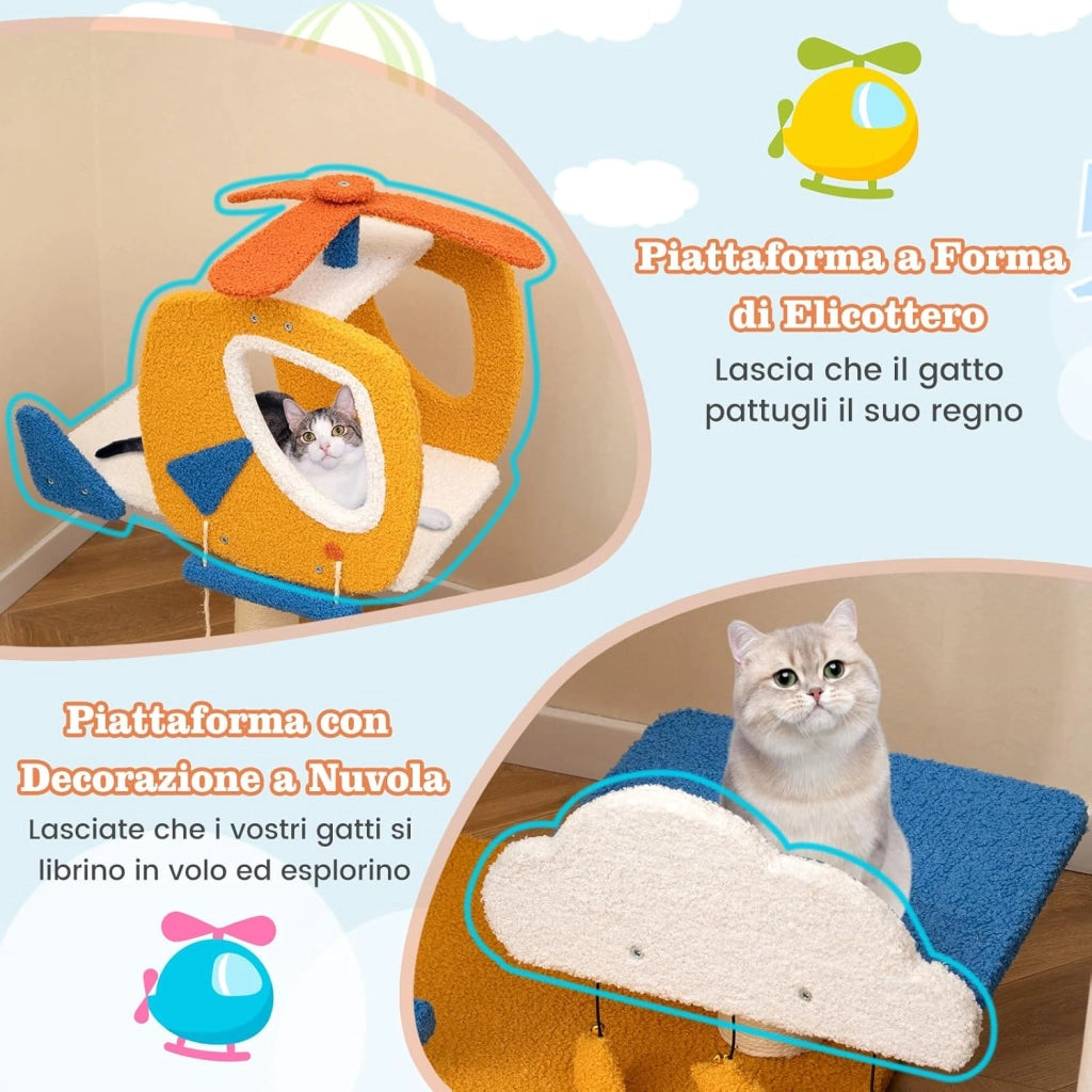 Tiragraffi per Gatti a Tema Aviatorio, Albero per Gatti con Posatoio a Forma di Elicottero, Palo, Piattaforma, Scala e 3 Giocattoli Sospesi, Torre per Animali Domestici Interno