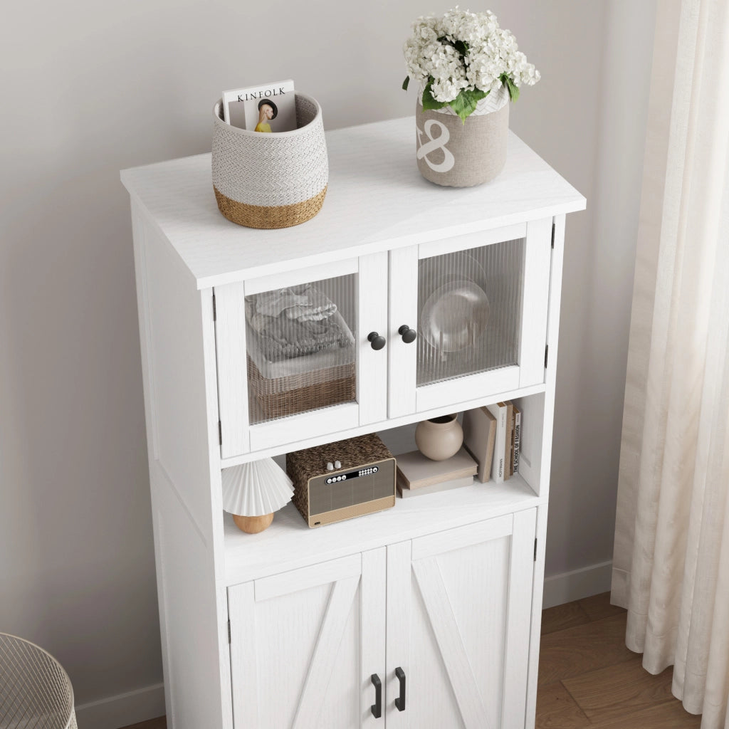 Armadio Multiuso con Ante in Vetro e Ripiani Regolabili, Bianco, 60x30x128cm