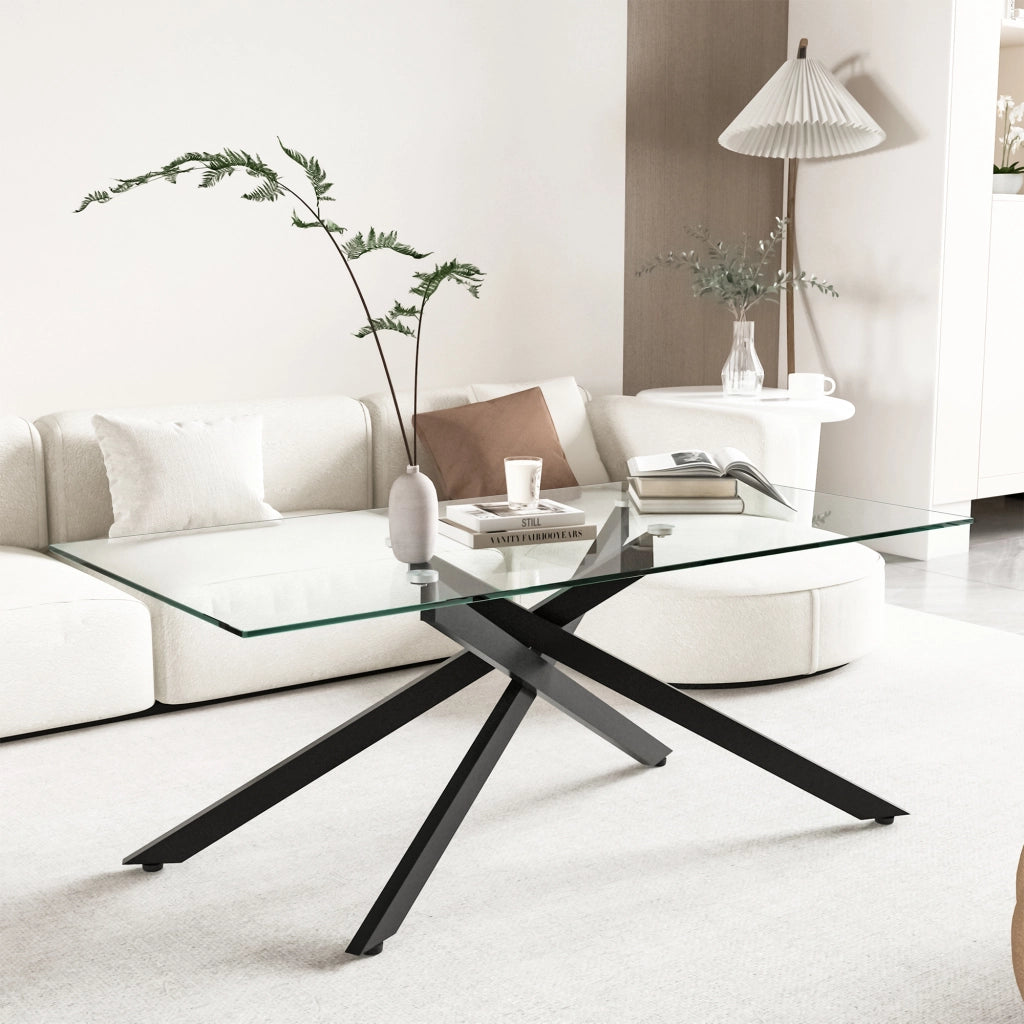 Tavolino basso in vetro temperato con struttura in metallo nero per soggiorno moderno rettangolare 120 × 60 × 46 cm