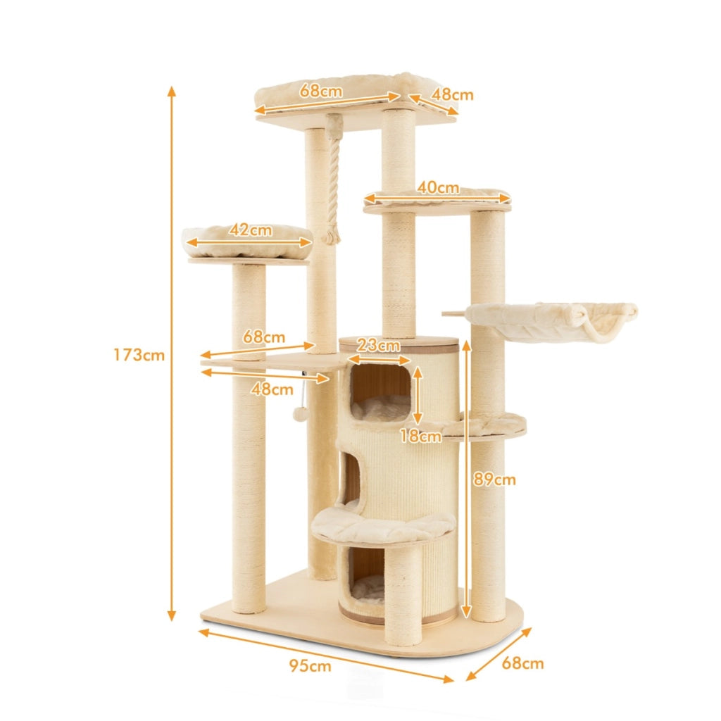 Albero per gatti multi-livello con nicchia a 3 piani 2 cucce tiragraffi, Torre per gatti in legno da interno Beige-Alberi Tiragraffi