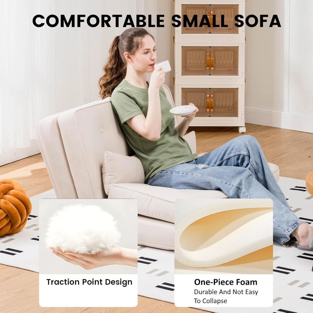 Poltrona relax da pavimento pieghevole con funzione di sonno, divano lazy, lucidata con schienale regolabile a 5 livelli, divano pieghevole per soggiorno, camera da letto, beige