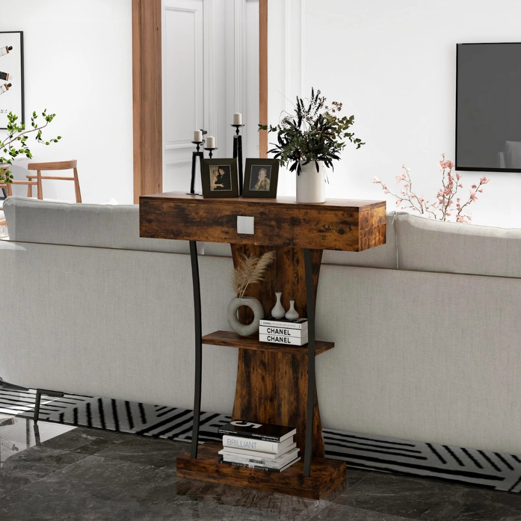 Tavolo consolle con cassetto ripiani per piccoli spazi-Tavolo moderno per  ingresso Marrone