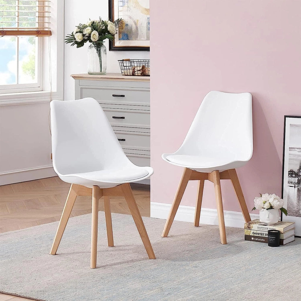 GrandCA HOME Set di 4 Sedie da Pranzo con Gamba in Faggio Massello, Design Retrò, Sedia Imbottita, Sedia da Cucina, in Legno,Bianco