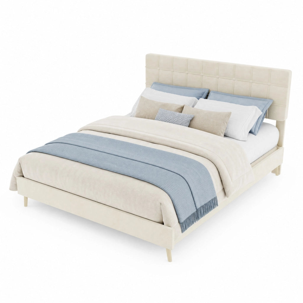 Letto Matrimoniale 160x200 cm; Testiera Trapuntata in Velluto Beige
