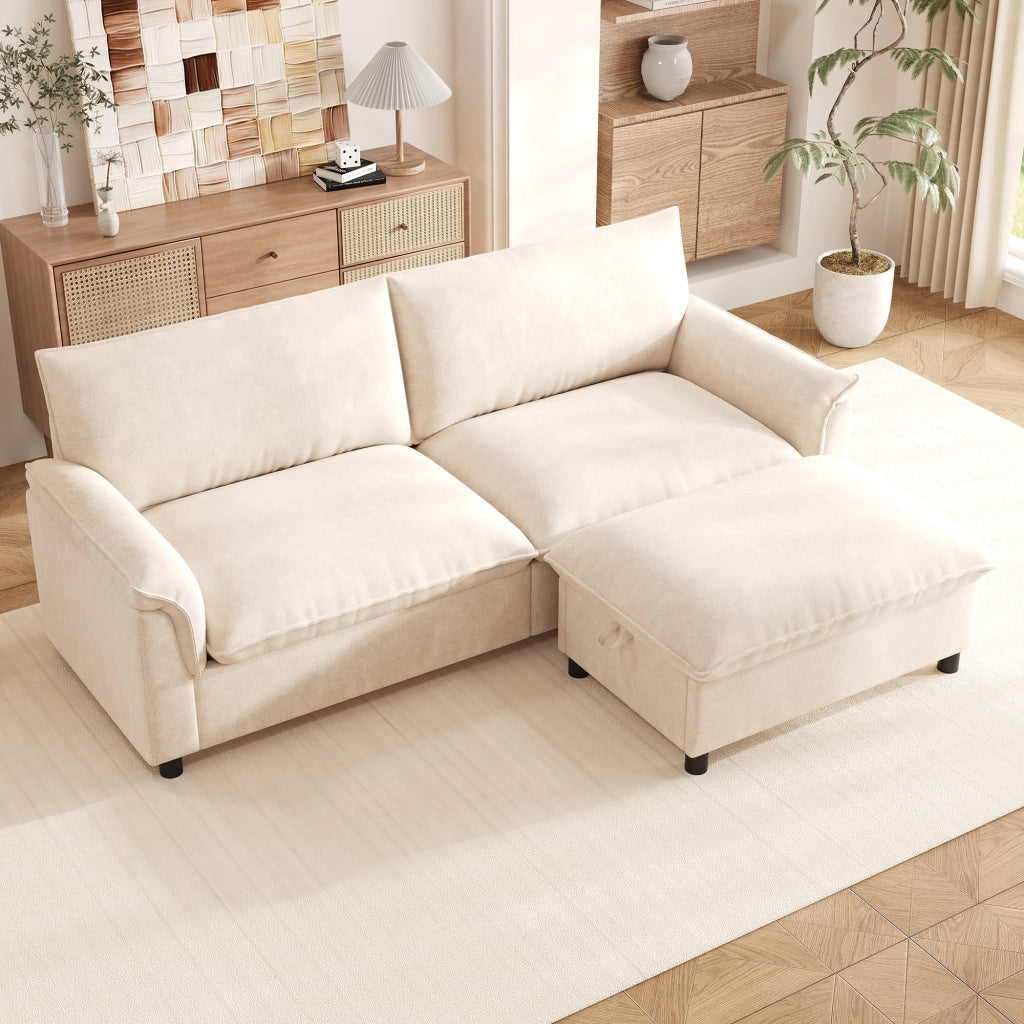 Divano modulare con pouf mobile e contenitore, seduta profonda in ciniglia beige, schienale alto 216 × 77 × 82 cm
