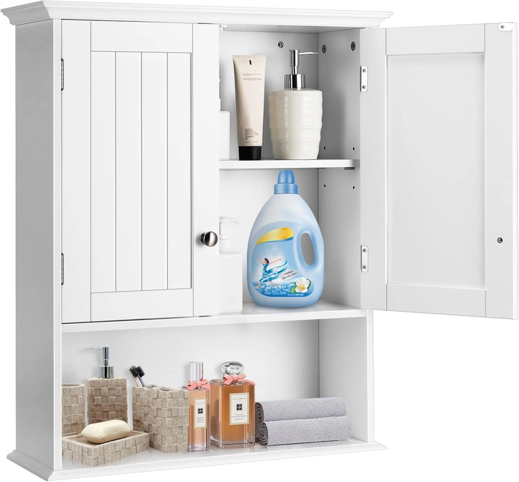 Armadio da Bagno Sospeso, con Ripiano Aperto, Armadio da Bagno con Ante e Mensola Regolabile, Pensile per Cucina, 60 x 19 x 71 cm