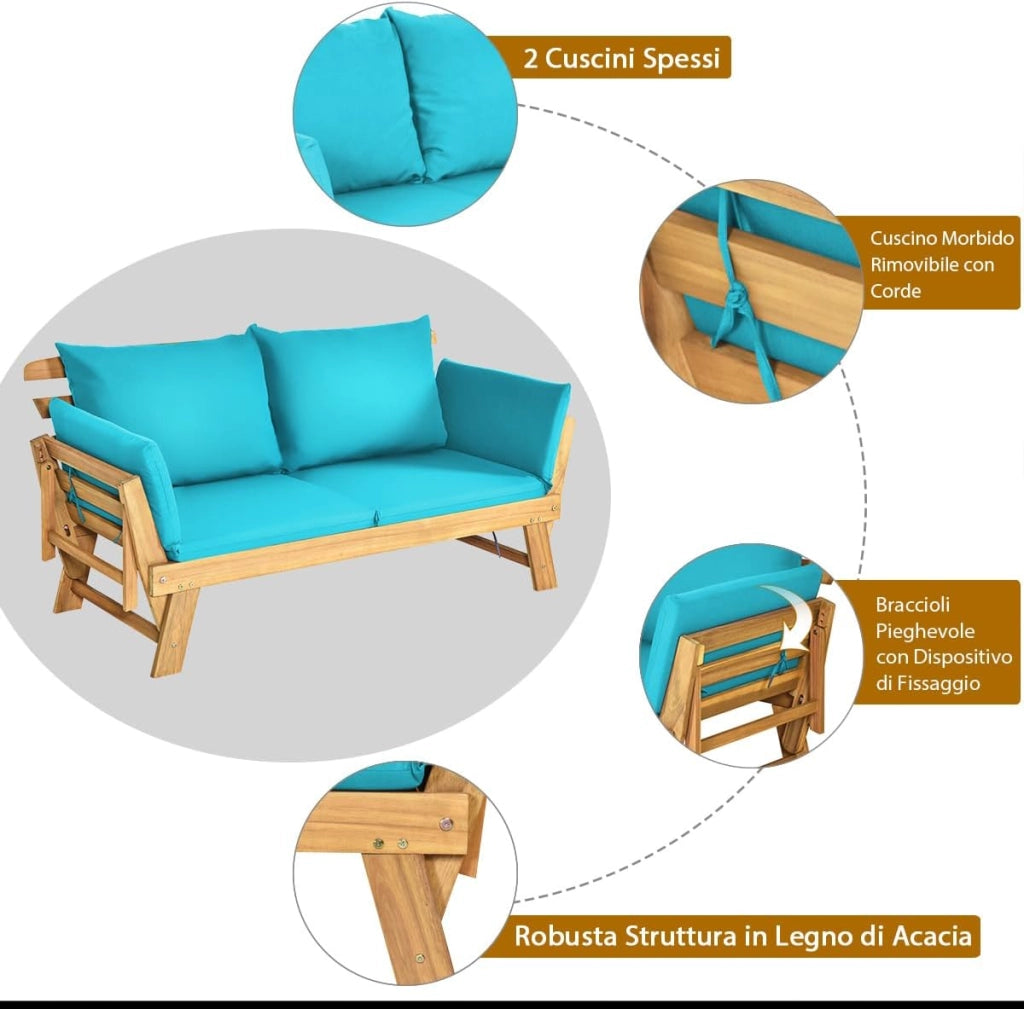 Divano Letto 2 Posti da Esterno in Legno di Acacia con Braccioli Regolabili, Sdraio da Giardino con Cuscini, Chaise longue Pieghevole per Giardino, Piscina, Cortile (Turchese)