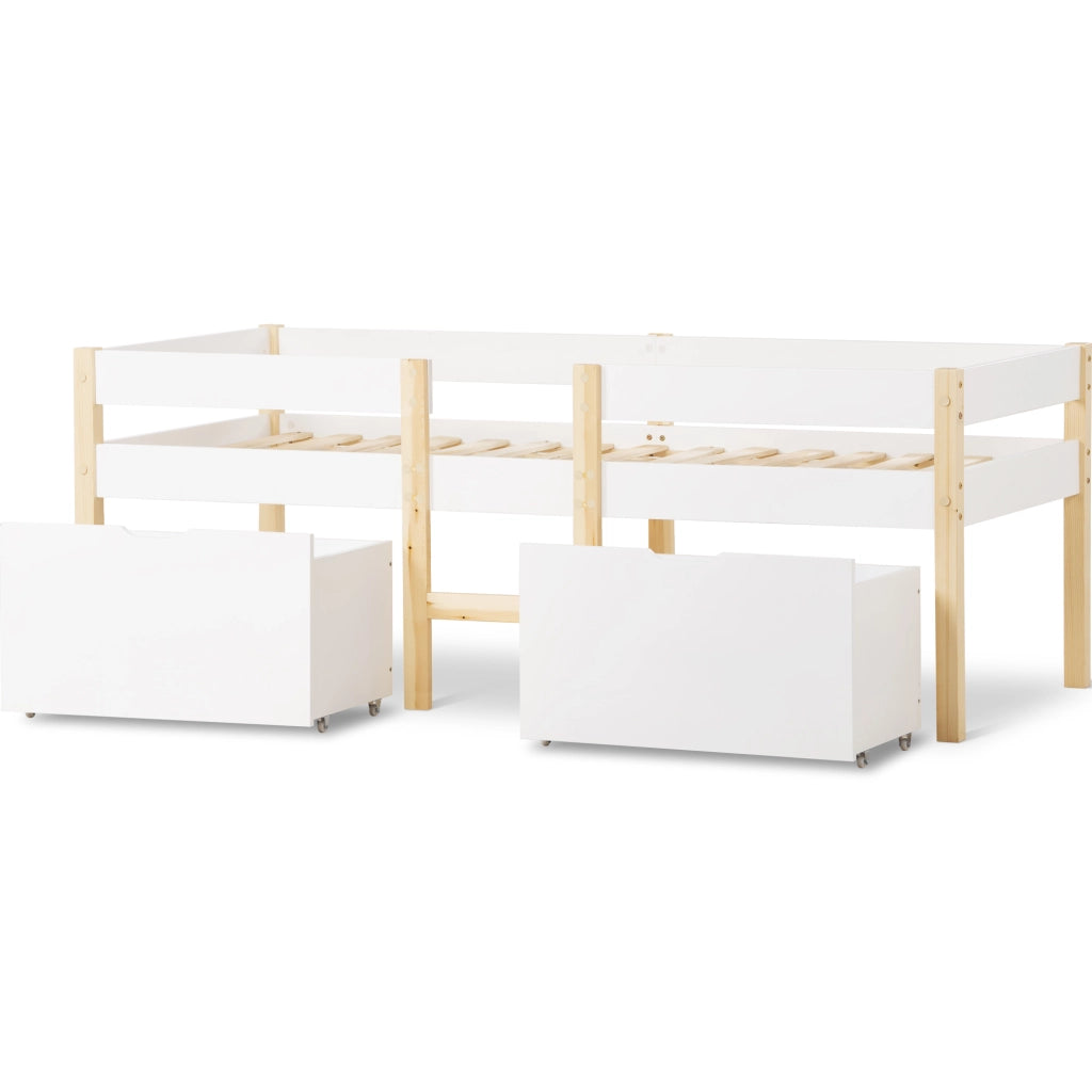Letto semi-alto per bambini con cassetti e protezione anticaduta, pino massello, 90x190 cm, bianco
