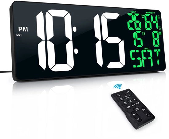 Cronometro digitale da parete 18'' con telecomando, orologio digitale automatico con display grande con data/temperatura/settimana/umidità, orario legale, allarme, cifre grandi