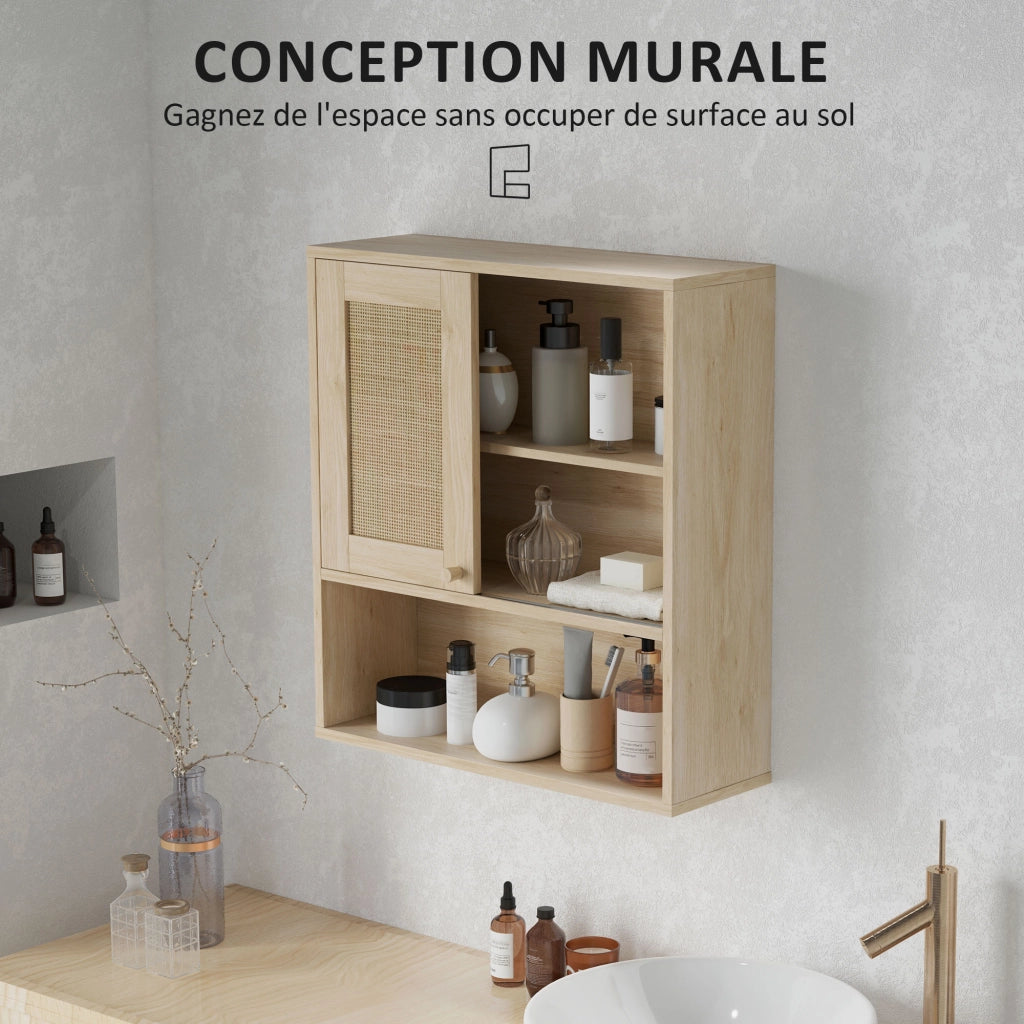 Armadio da bagno con ante scorrevoli e ripiani aperti ¨C zephmum ¨C legno naturale