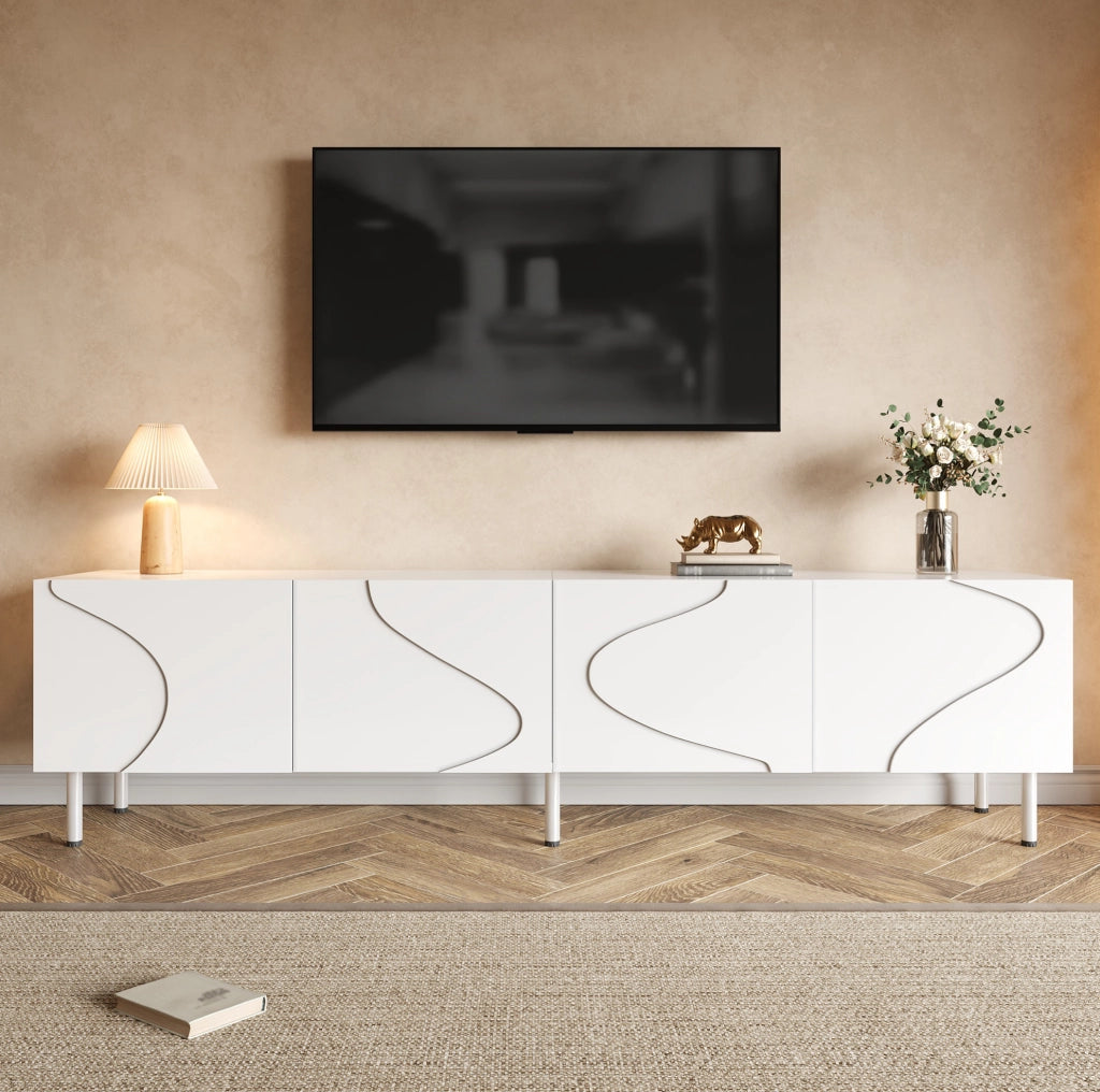 Mobile TV 170x35x50 cm con 4 ante e push-to-open in PB e MDF bianco