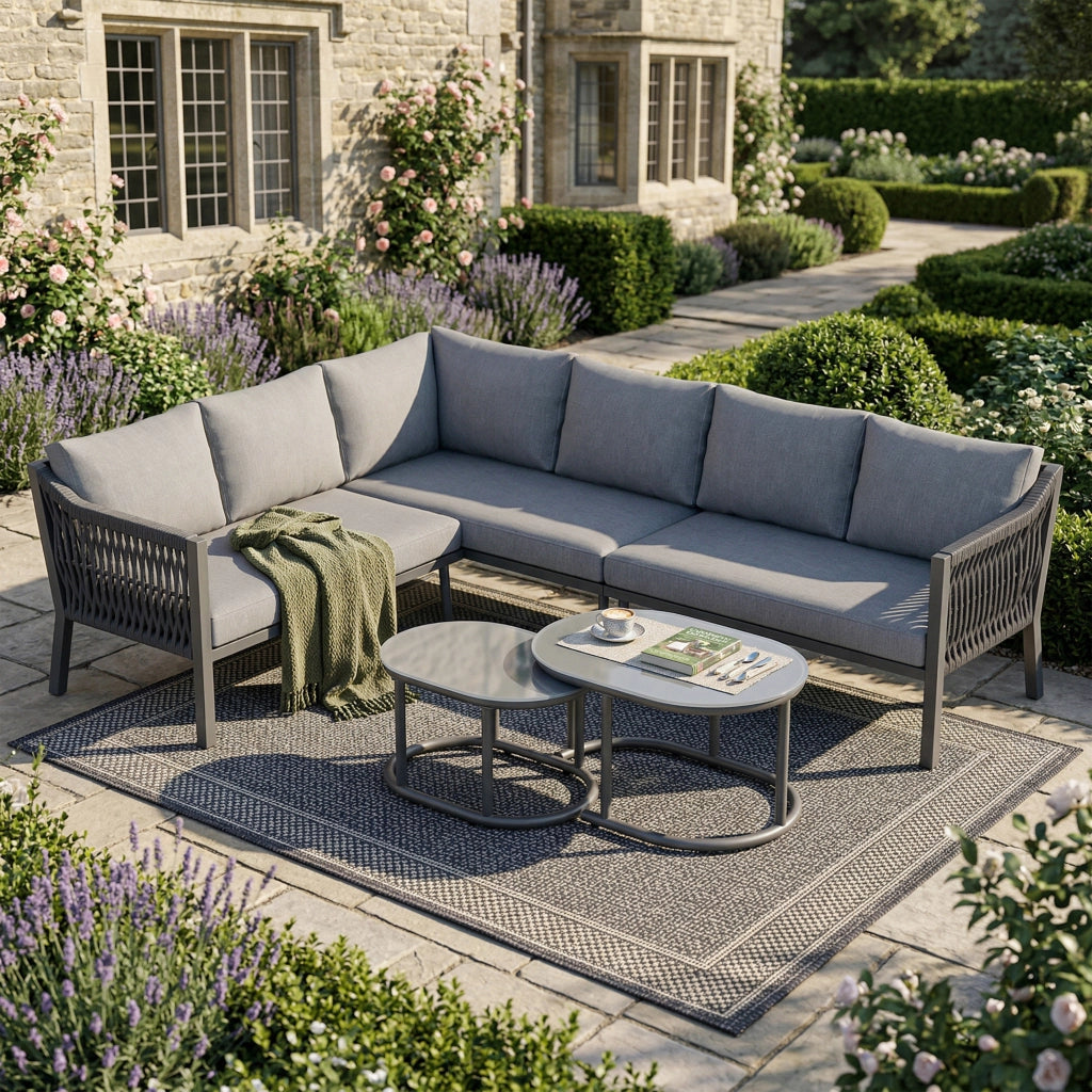 Set da Giardino 6 Posti con Tavolino, Divano e Tavolo in Vetro ¨C MINIMAL ¨C Acciaio, Corda Intrecciata, Grigio