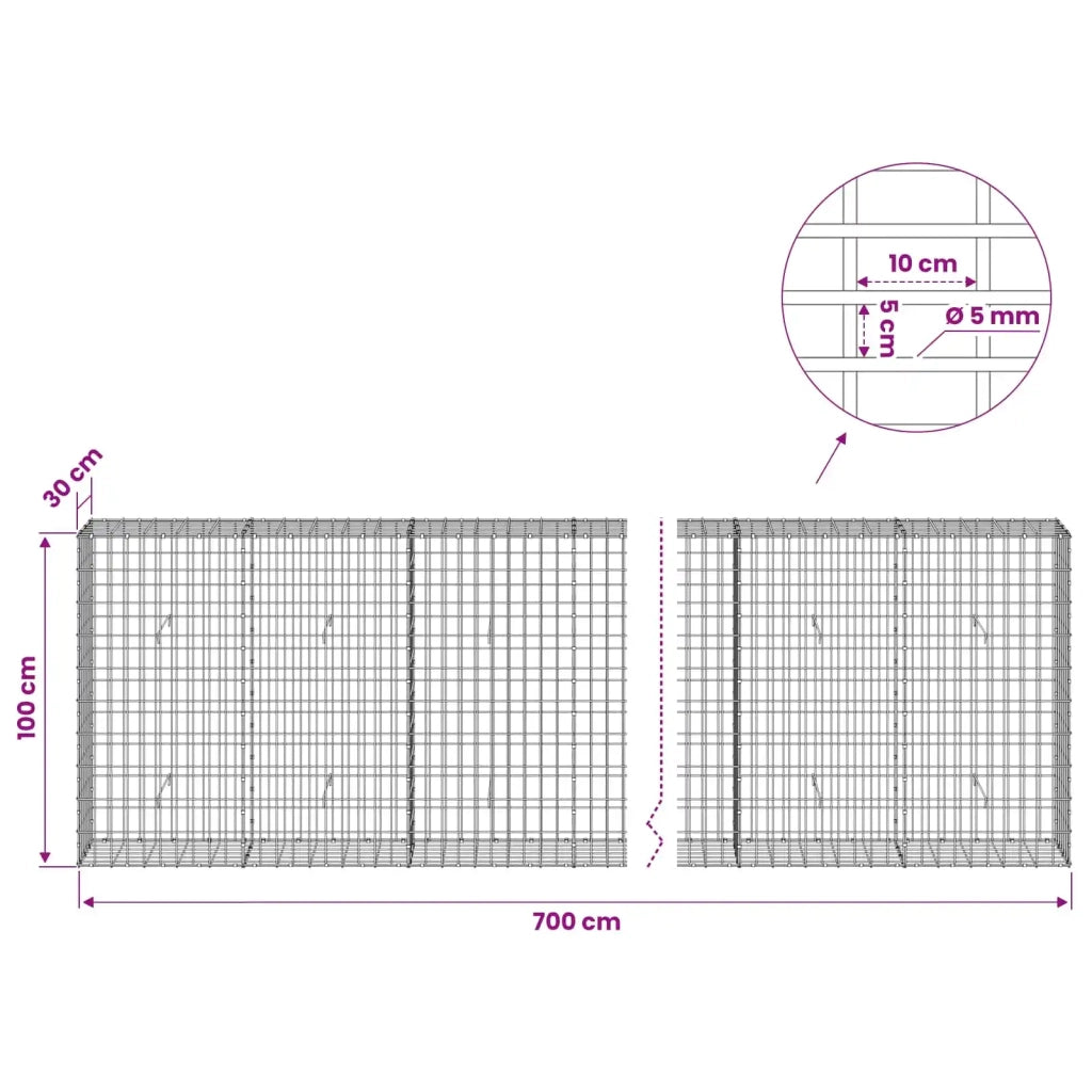 Gabione con Filo da 5 mm e Rete da 5x10 cm 700x30x100 cm 3464648