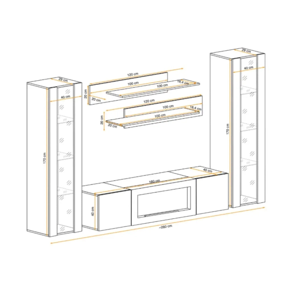 Composizione murale FLY – Rovere chiaro – Vetrine, scaffali e mobile TV con camino bio-etanolo