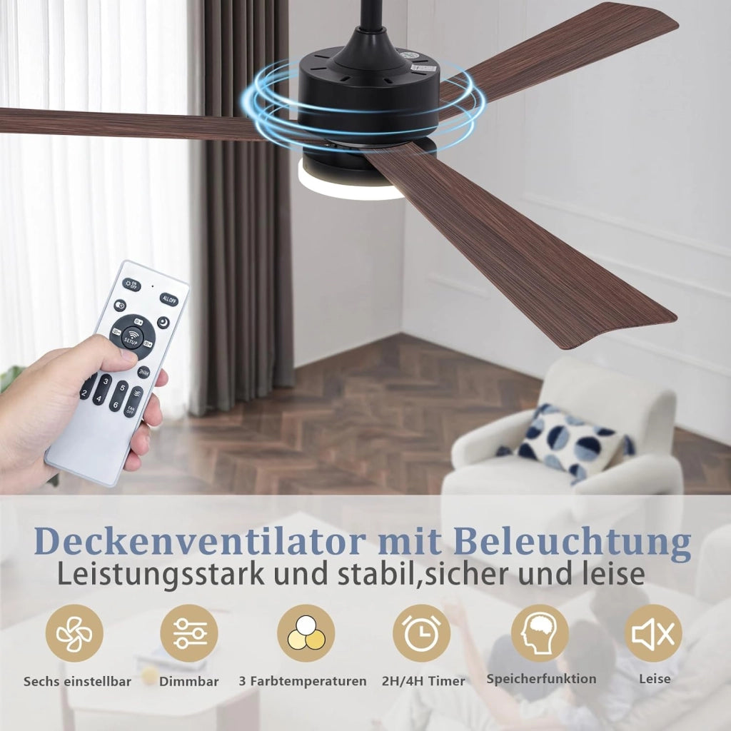 ZMH Ventilatore da soffitto silenzioso a 3 pale con luce regolabile e telecomando per sala da pranzo e camera da letto