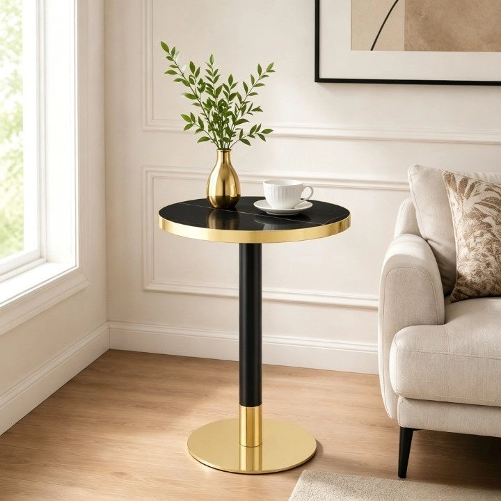 Tavolo da pranzo - rotondo - effetto marmo - bordo oro - base nera/oro - versatile - per soggiorno