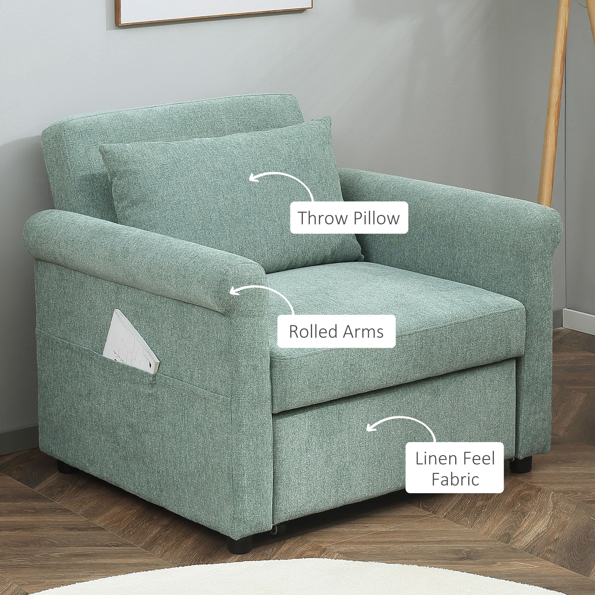 Poltrona Letto Singolo Schienale Regolabile 96x84,5x87,5 cm in Tessuto effetto Lino Verde