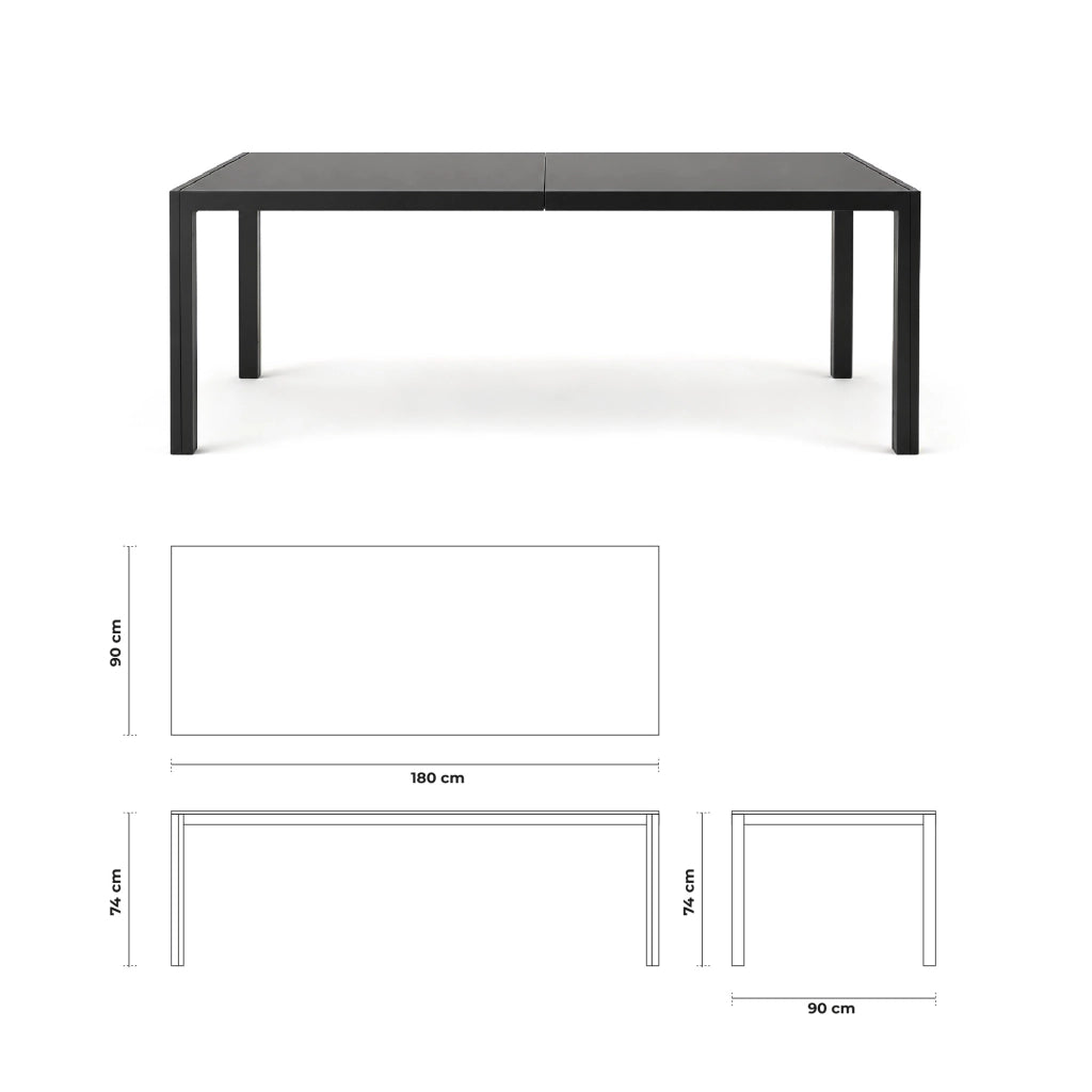 Tavolo da Pranzo per Interno ed Esterno 180x90 cm, Piano in Vetro Temperato Nero 5 mm e Struttura in Acciaio, Tavolo Moderno per 8 Persone, Ideale per Giardino, Terrazza, Cucina e Sala da Pranzo