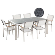 Set da Giardino Tavolo Piano Granito Grigio 6 Sedie Bianche 180 x 90 cm Giardino Terrazzo Balcone