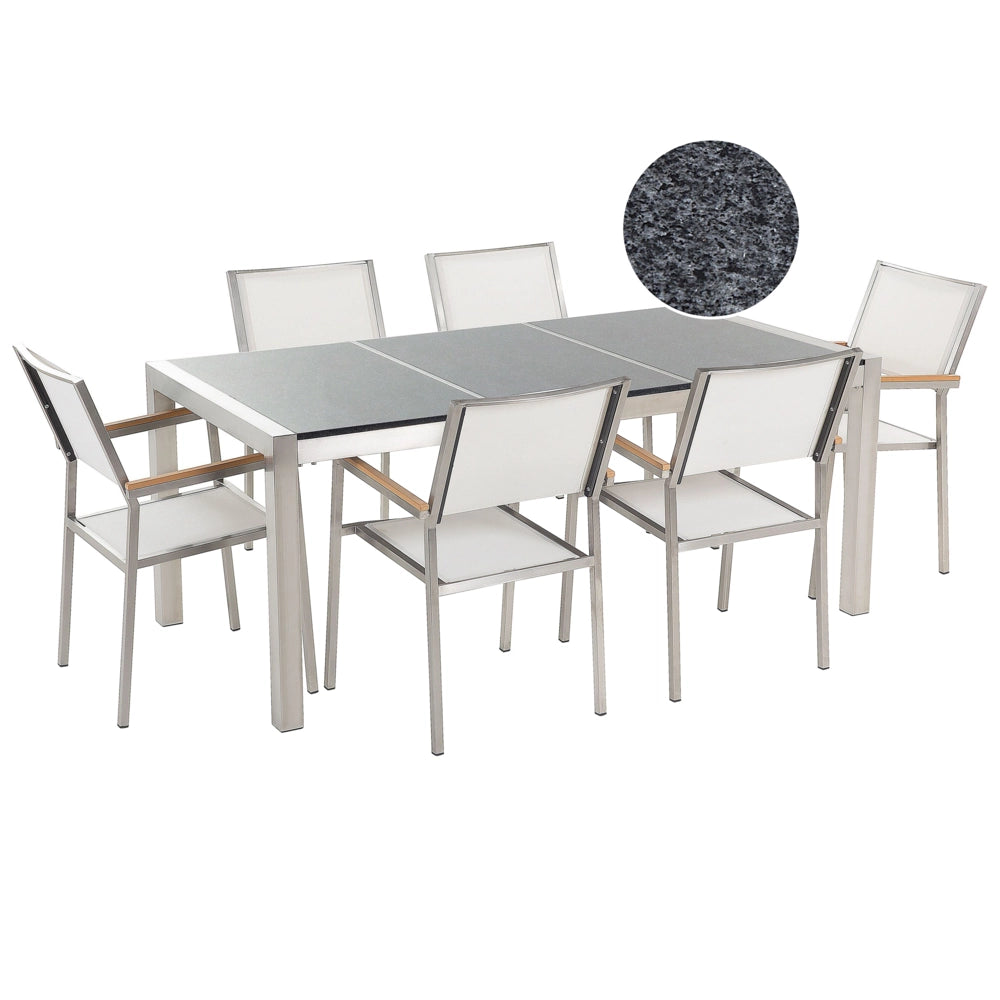 Set da Giardino Tavolo Piano Granito Grigio 6 Sedie Bianche 180 x 90 cm Giardino Terrazzo Balcone