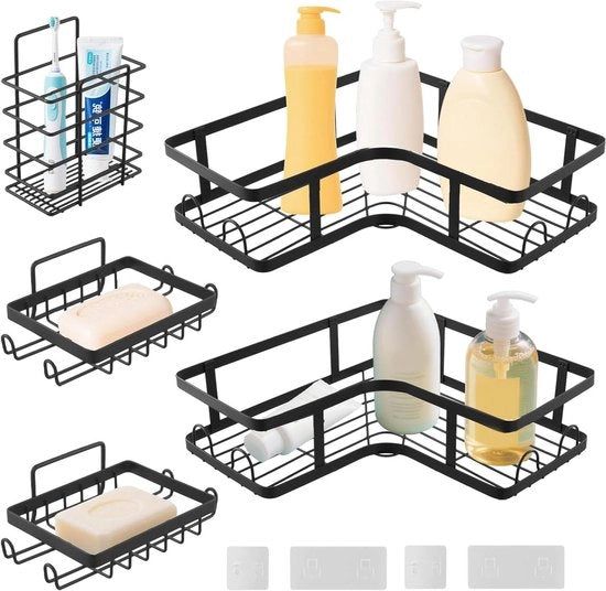 Set di 5 pannelli di sostegno per doccia - Accessorio per bagno e cucina con cassetta per sapone/scegliere rasoi/denti - Nessuna trapanatura - Con ganci - Angolo caddy per bagno e cucina