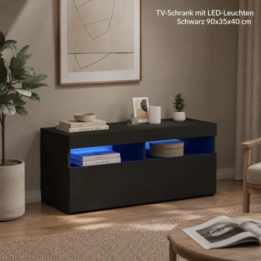 TV Cabinet With LED Lights, Black, 90 X 35 X 40 Cm