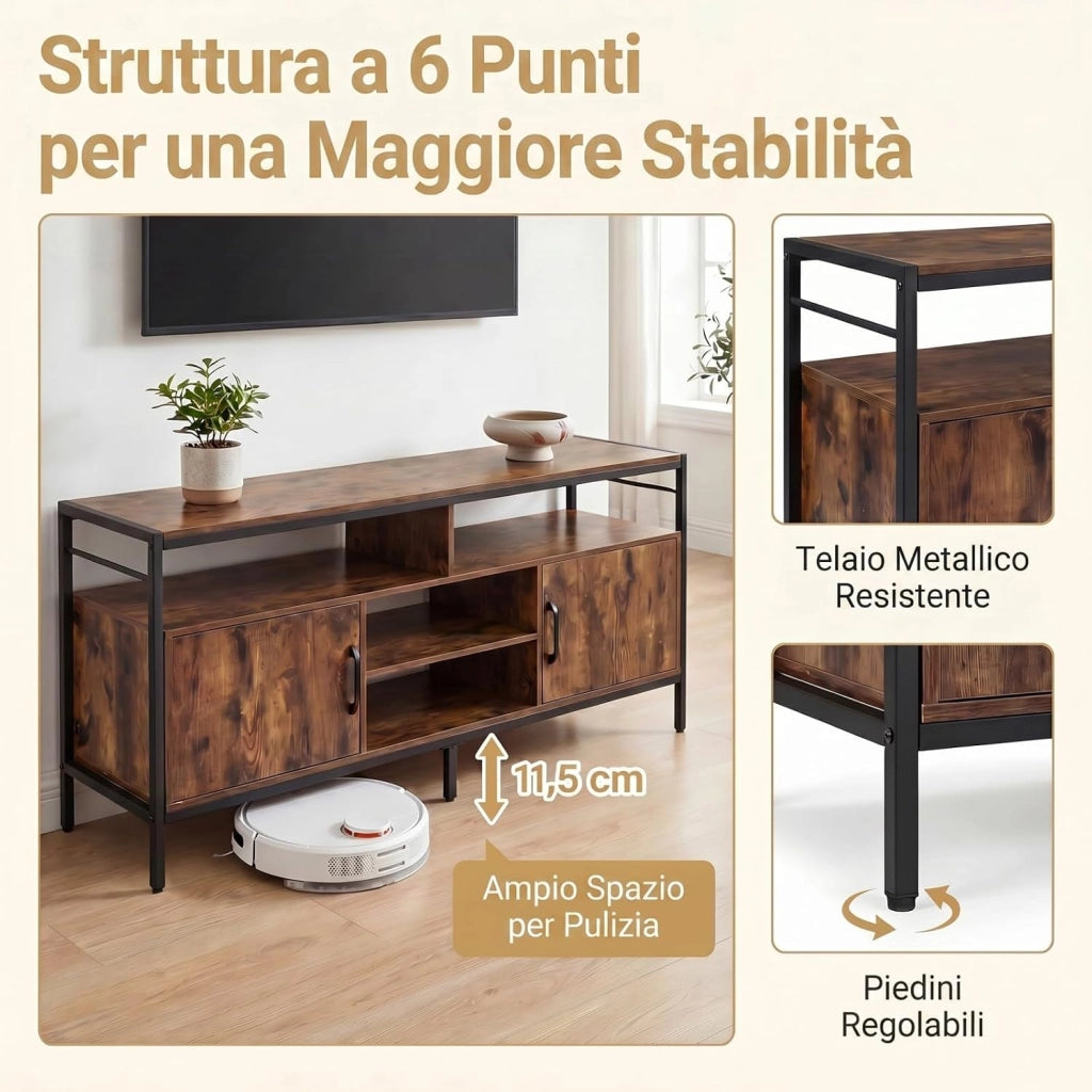 Mobile TV per Soggiorno, Mobile TV con 4 Ripiani Aperti e 2 Armadietti Chiusi, per Televisori fino a 65 Pollici, Stile Industriale con Struttura in Metallo per Camera da Letto (Marrone)