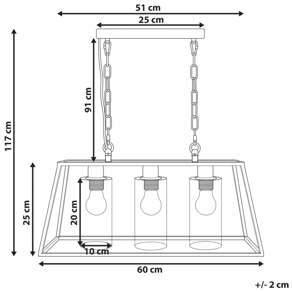 Lampada a Sospensione in Metallo Nero 117 cm Cornice Gabbia 3 Paralumi Cilindrici in Vetro Plafoniera