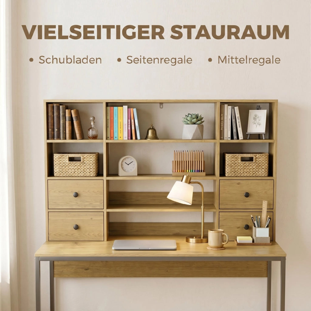 Scrivania computer 105 cm con 4 cassetti e mensole regolabili, colore legno naturale, pratica e salvaspazio per casa e home office