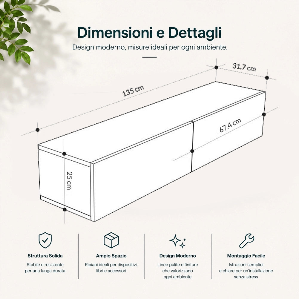 Mobile Porta Tv Sospeso da Salotto con 2 Cassetti Quercia e Sabbia 135x31.5x25cm