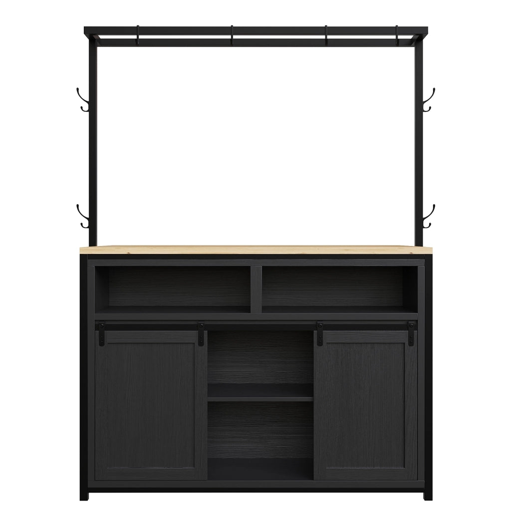Mobile da cucina, tavolo da bar, con prese di corrente, ganci, finitura effetto legno, nero e color legno naturale