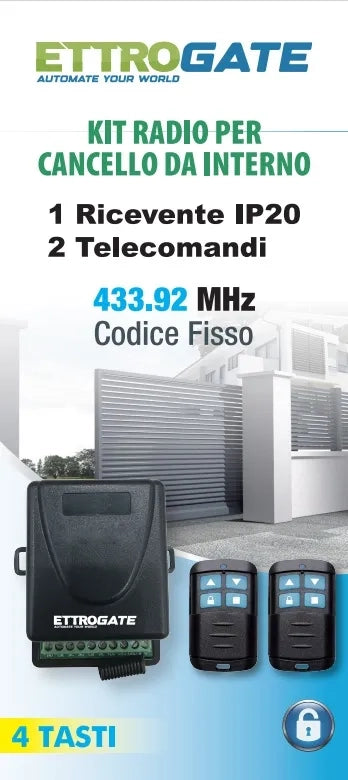 Kit ricevitore per automazione cancelli con 2 telecomandi universali 433mhz IP20