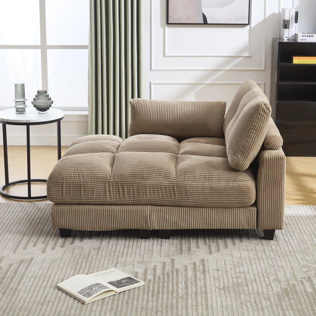 Poltrona Chaise Longue con Poggiatesta Regolabile, USB, 3 Portabicchieri e Tasca Laterale, in Velluto a Coste Cachi 140 × 112 × 81 cm