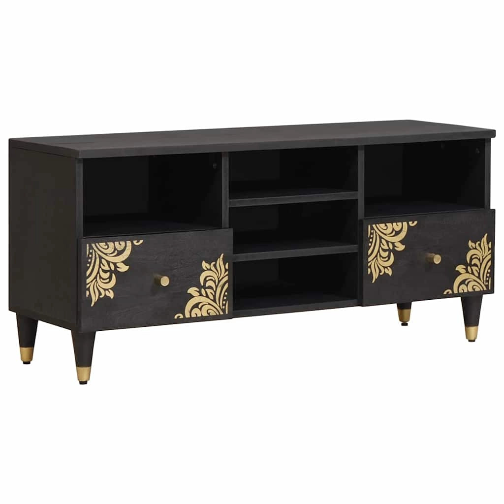 Mobile porta TV moderno dalle linee pulite 100 x 33 x 46 cm pratico contenitore in legno massello di mango nero 02_0057895