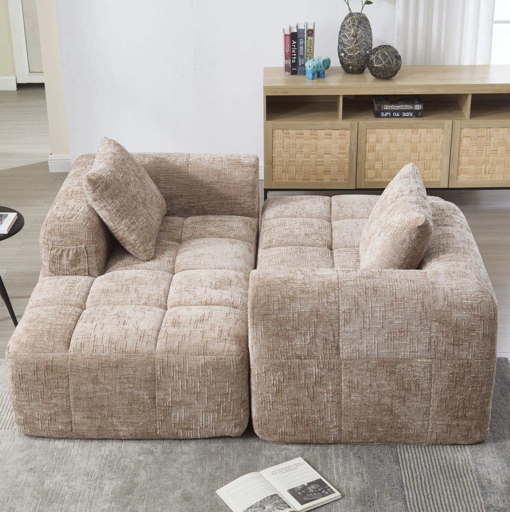 Chaise longue imbottita in chenille color khaki; 158 x 90 x 60 cm; con tasche laterali e cuscino