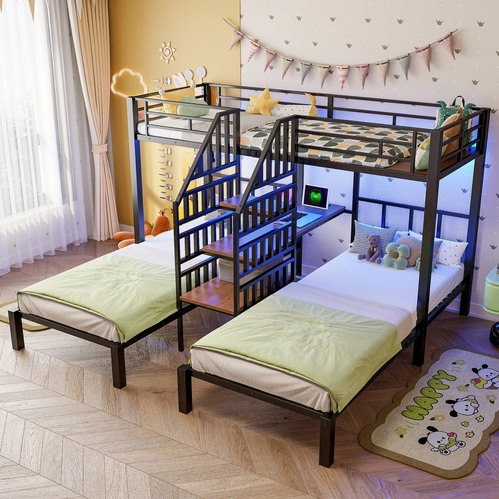 LETTO a castello 90x200 cm in metallo nero con LED, scrivania e USB