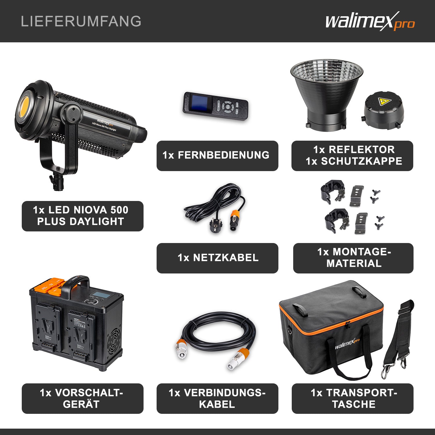 Niova Plus 500 Daylight, Faretto LED per fotografia, luce video 500 W dimmerabile, con riflettore Bowens e diffusore, con tecnologia COB-LED, per studio fotografico