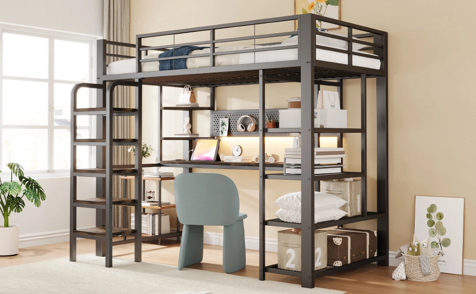 Letto a soppalco singolo 90 × 200 cm con scrivania, LED regolabile, prese integrate e ripiani, senza materasso, nero