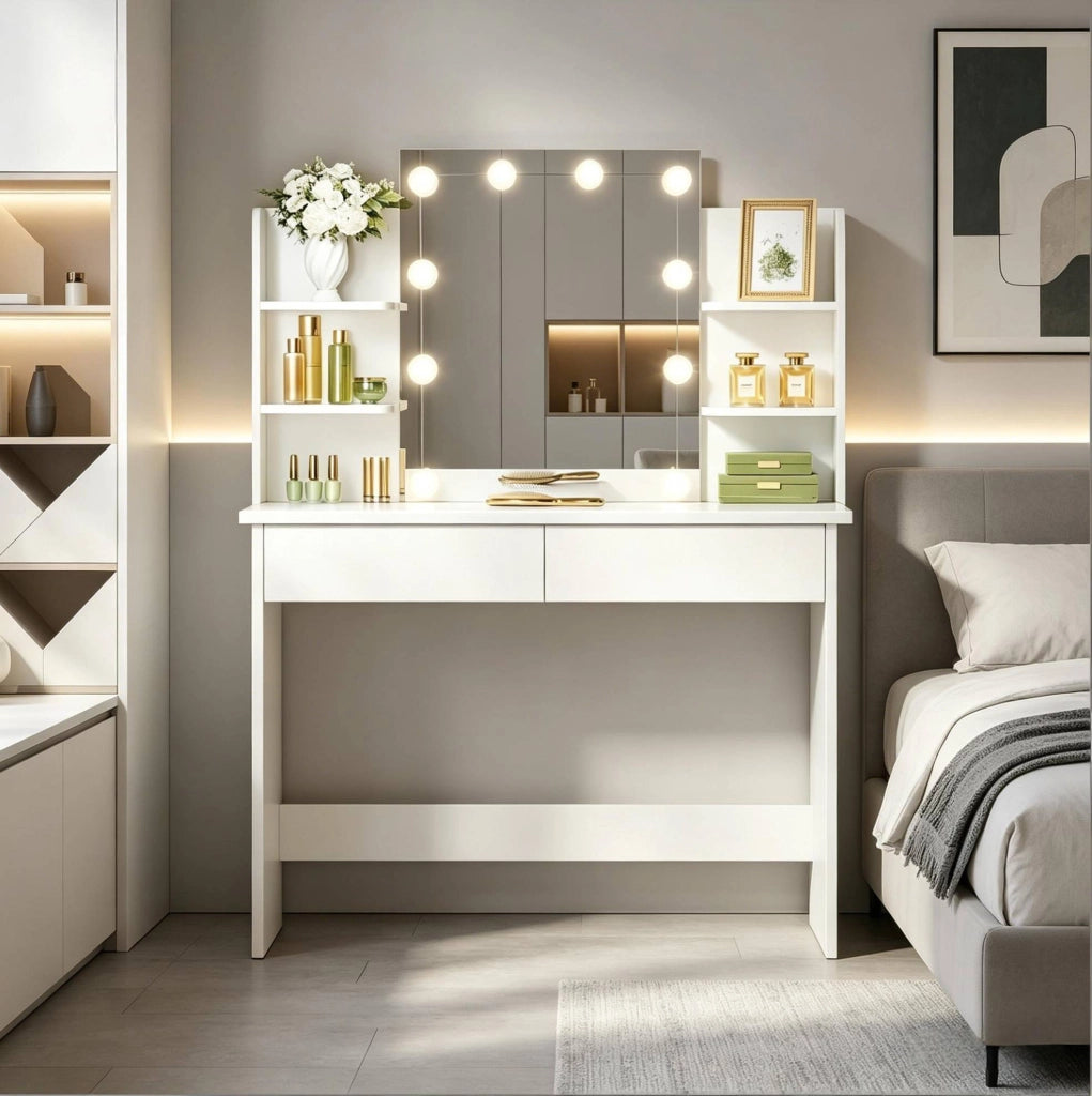 Toeletta 90x40 cm bianca in legno e plastica, specchio LED e 2 cassetti