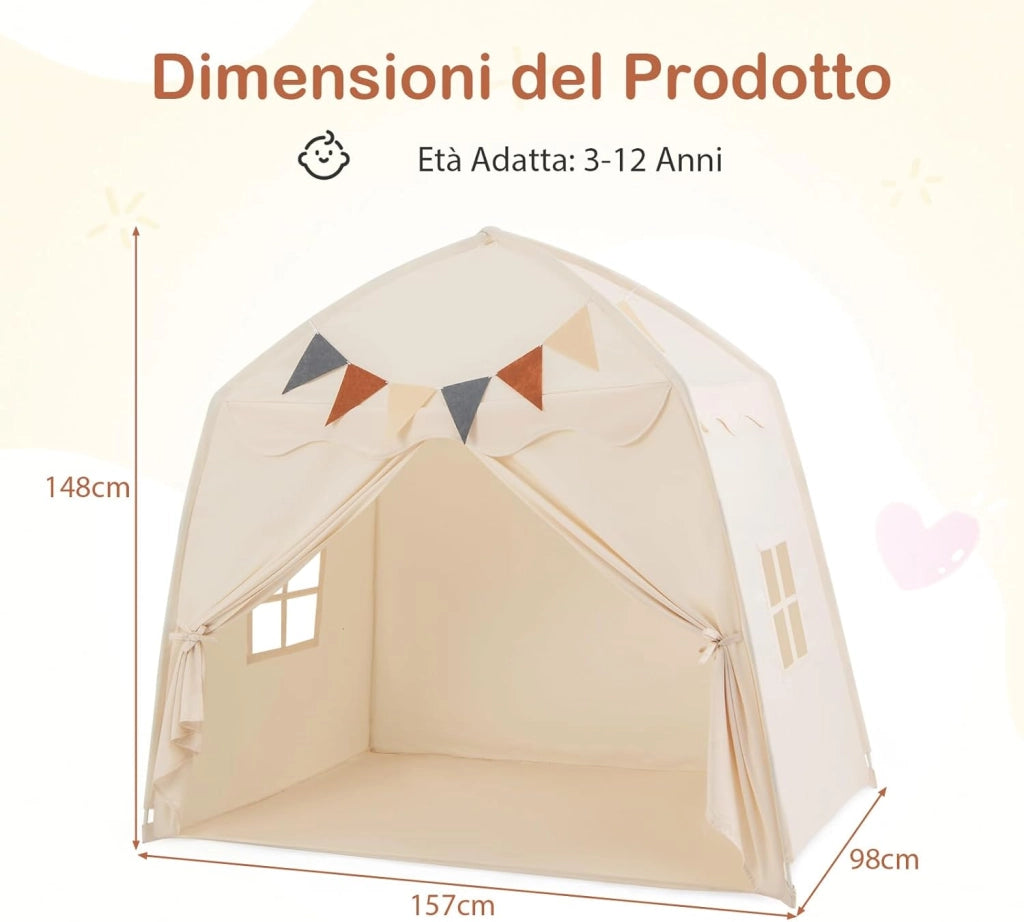 Tenda per Bambini con Luci Fatate e Bandierine, Tenda Casetta da Gioco con 2 Finestre, Tenda Gioco Castello Portatile per Interni ed Esterni, 157 x 98 x 148 cm (Beige)