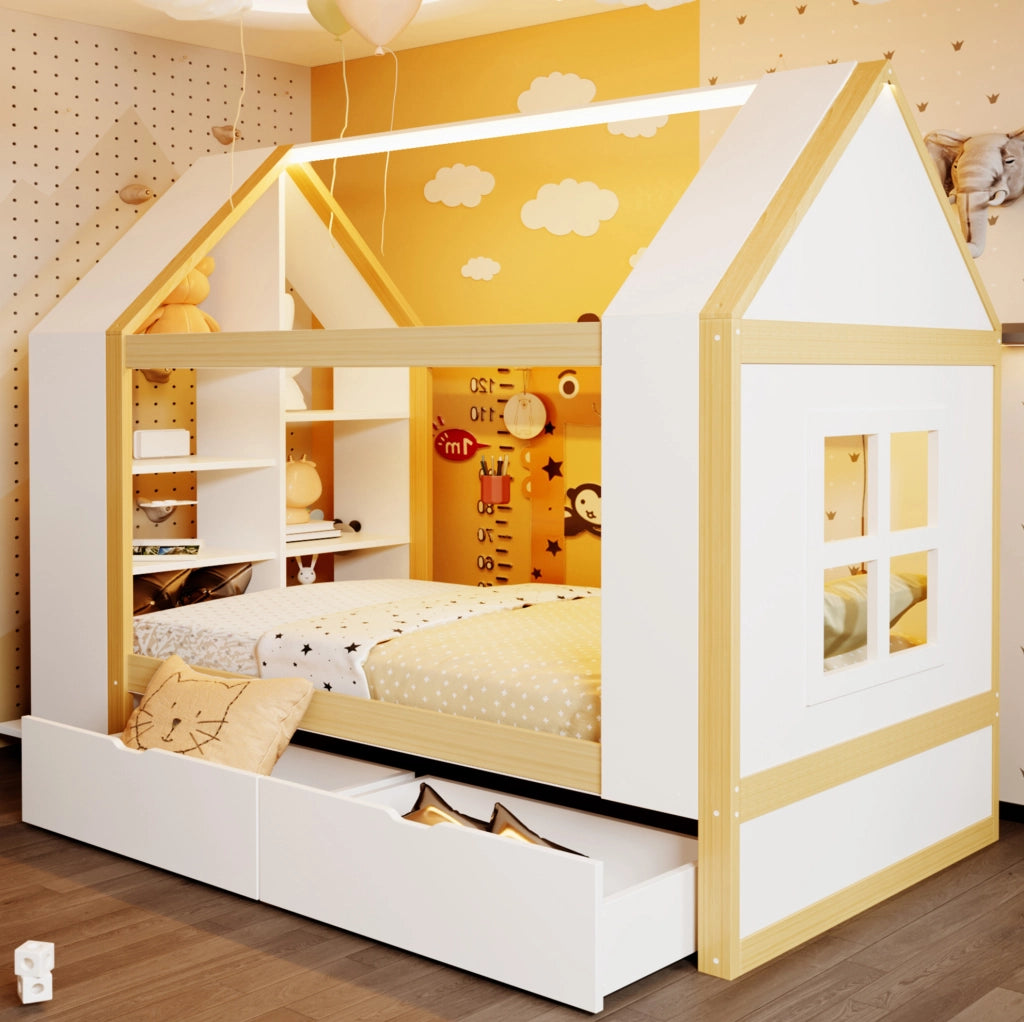 Letto a casetta 90x200 cm con LED e 2 cassetti in legno bianco