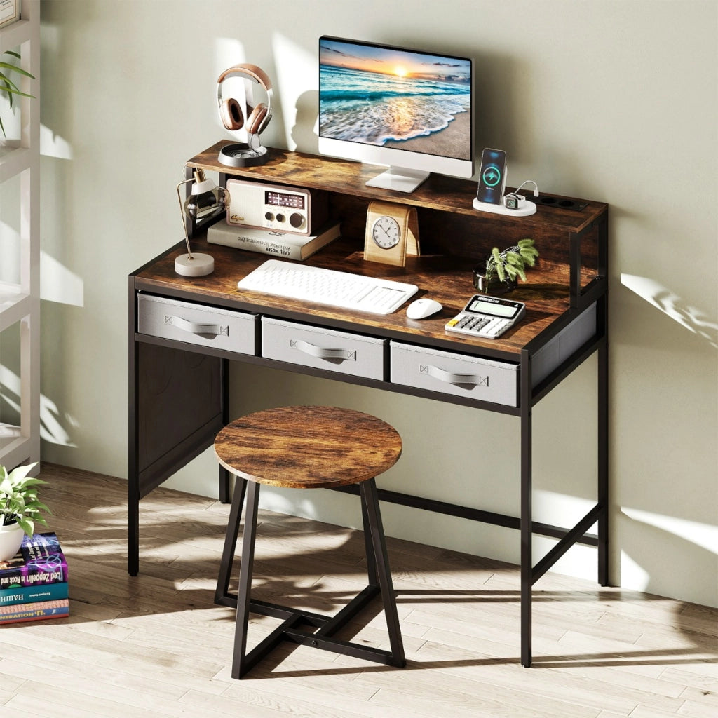 Set tavolo trucco e sgabello con supporto per monitor-Scrivania per computer con prese di corrente Marrone